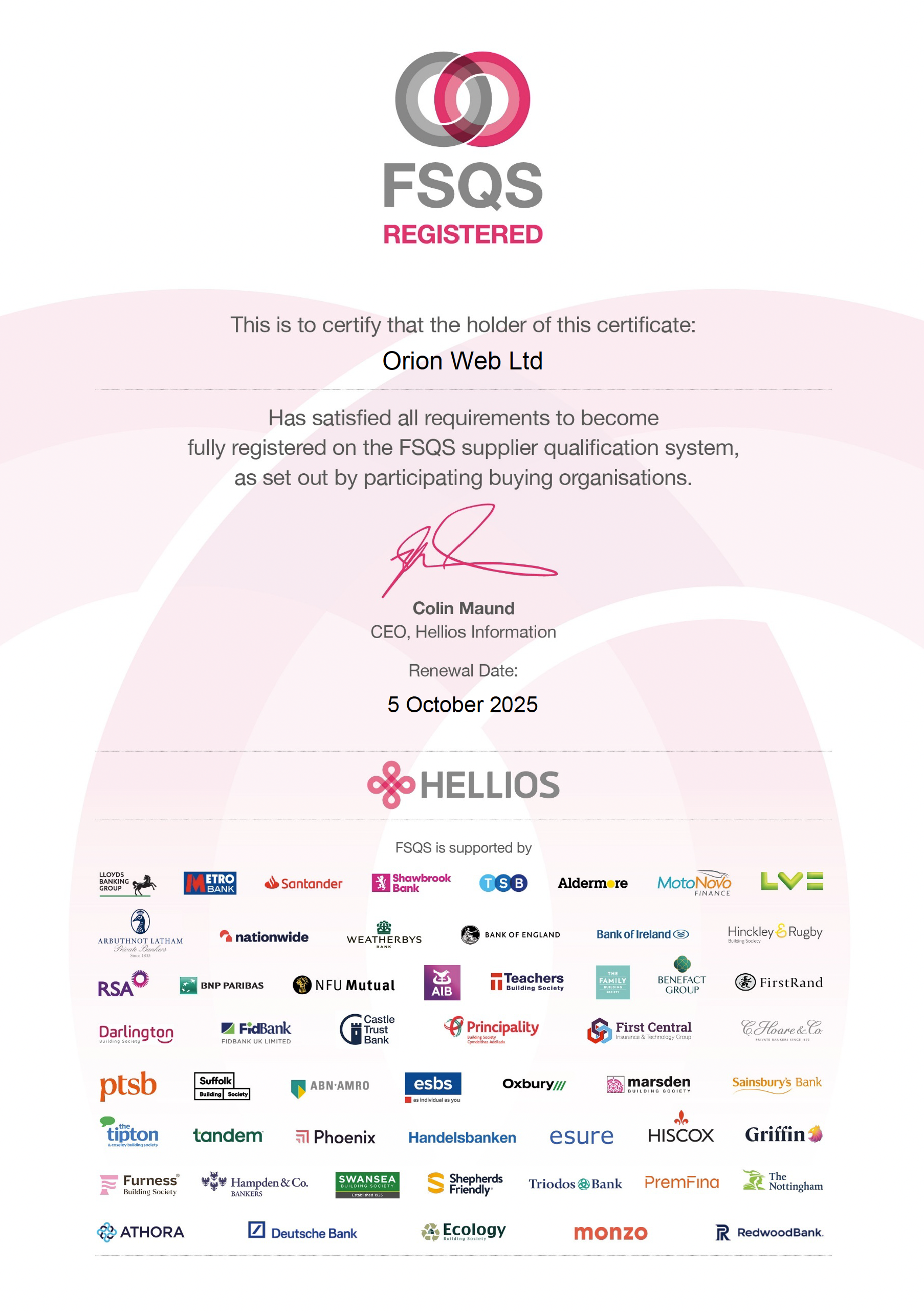 ORION WEB FSQS registration certification