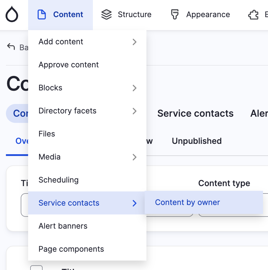 New menu items addition in admin menu for Service Contacts & Content by Owner Drupal View