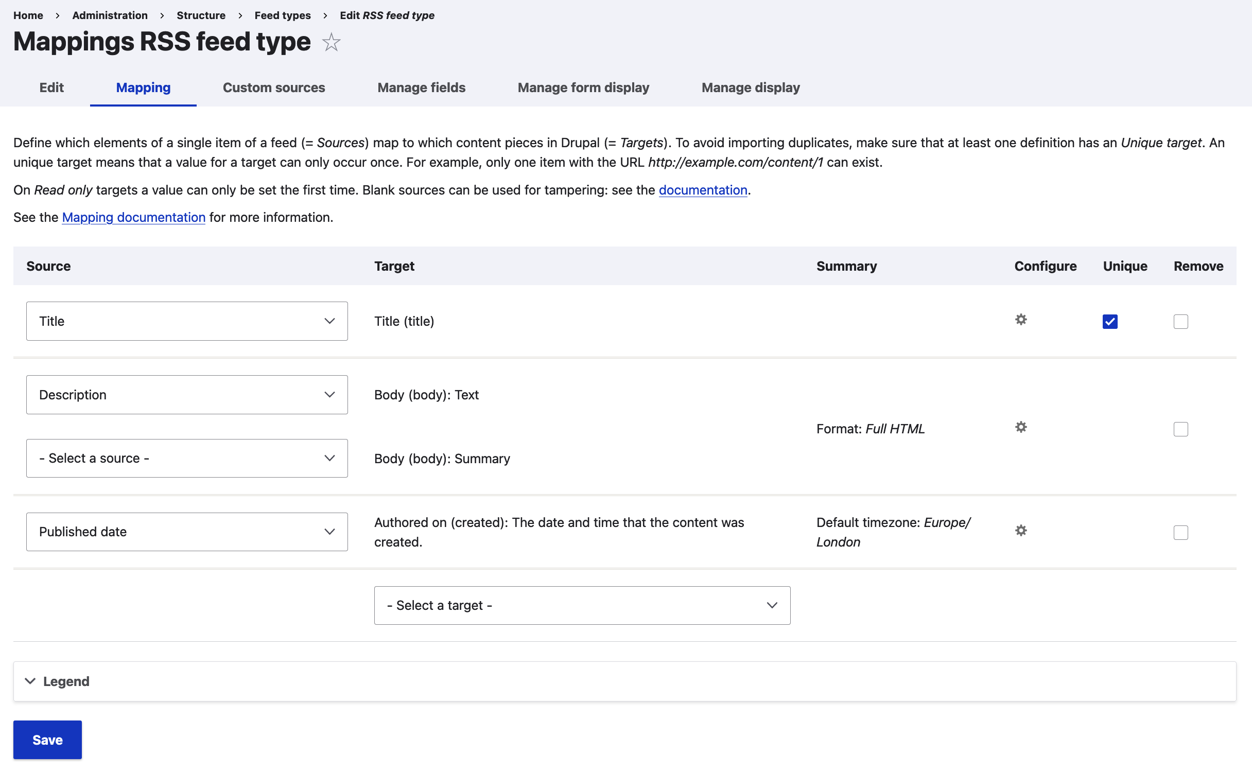 Drupal feed type Mappings - filled in