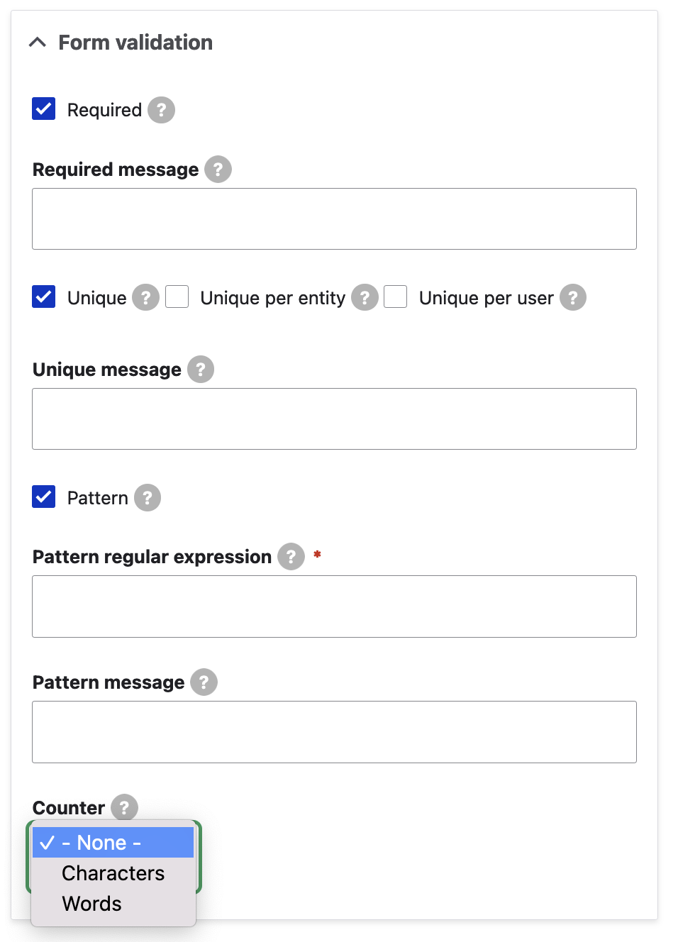 Drupal Webform add element - General settings - Form validation