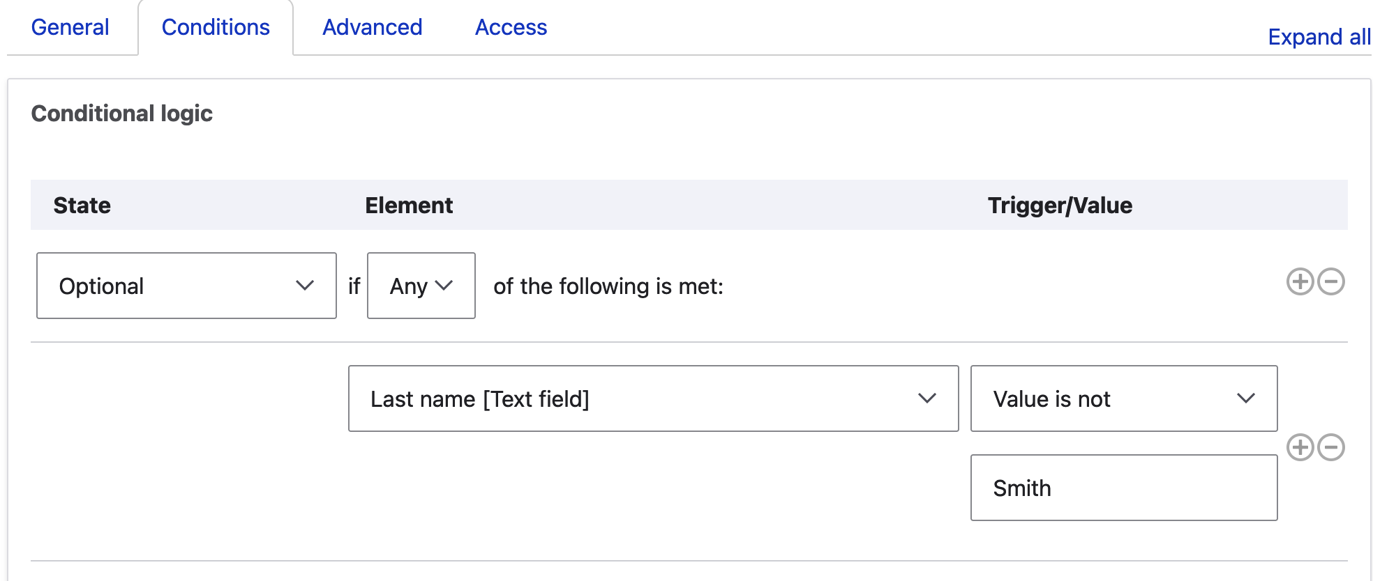 Drupal Webform: Element edit - Conditional logic example