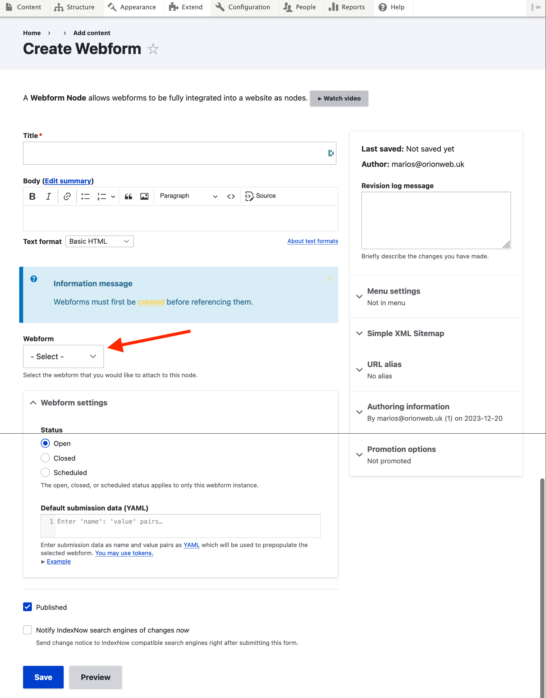 Webform node add screen