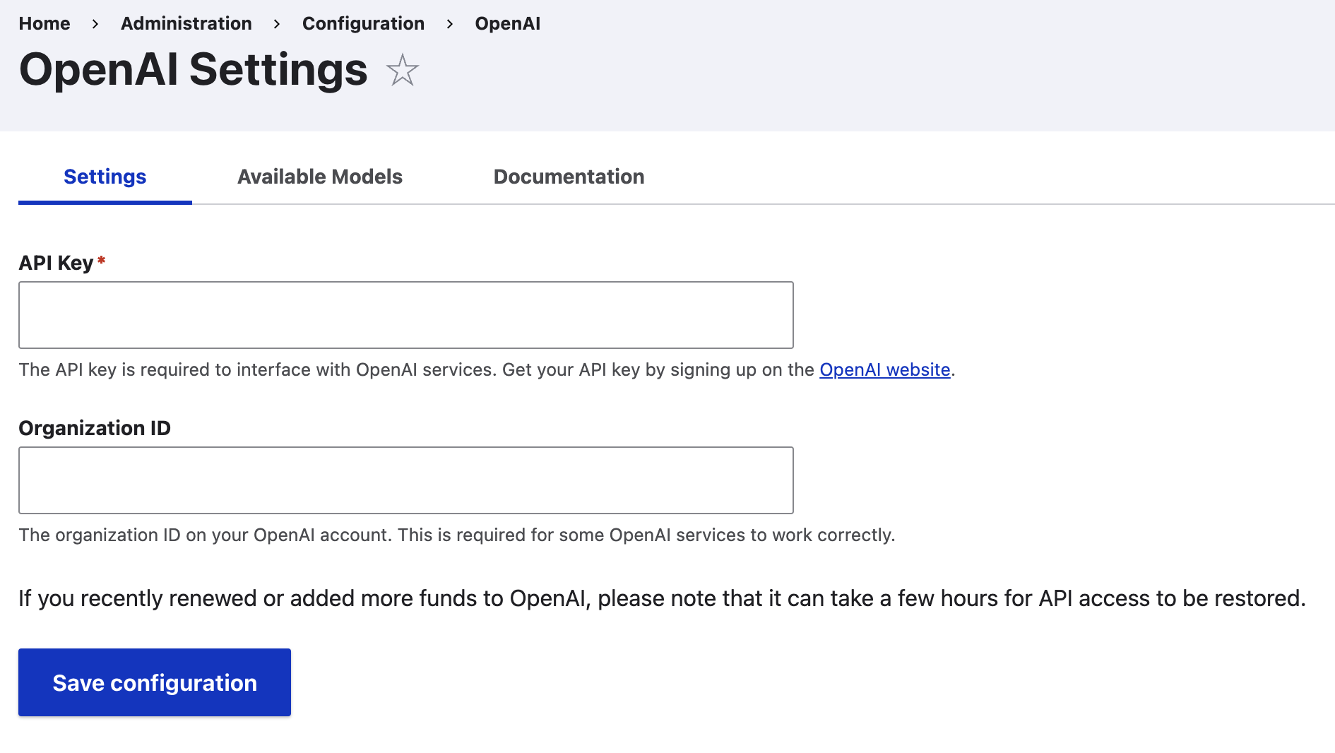 OpenAI module settings page